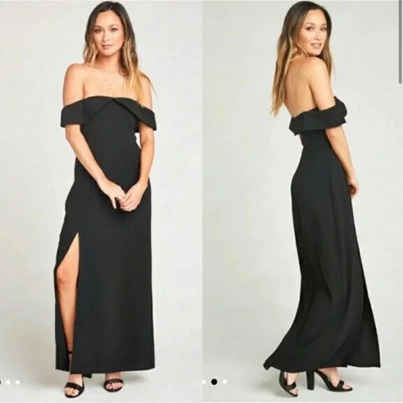 Show Me Your Mumu The Upton Off Shoulder Maxi Black Dress w/ side Slit size S - Picture 2 of 15